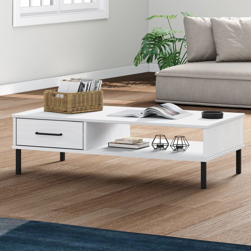 Table basse avec pieds en mtal Blanc Bois pin massif OSLO