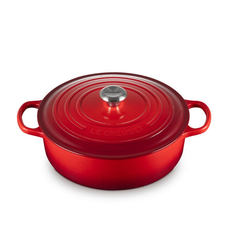 Shallow Round Oven, Cerise Enameled Cast Iron