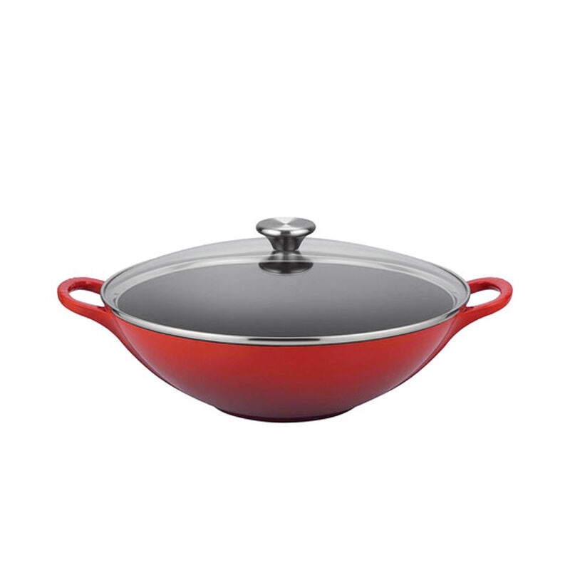 Wok with Glass Lid, Cerise Enameled Cast Iron