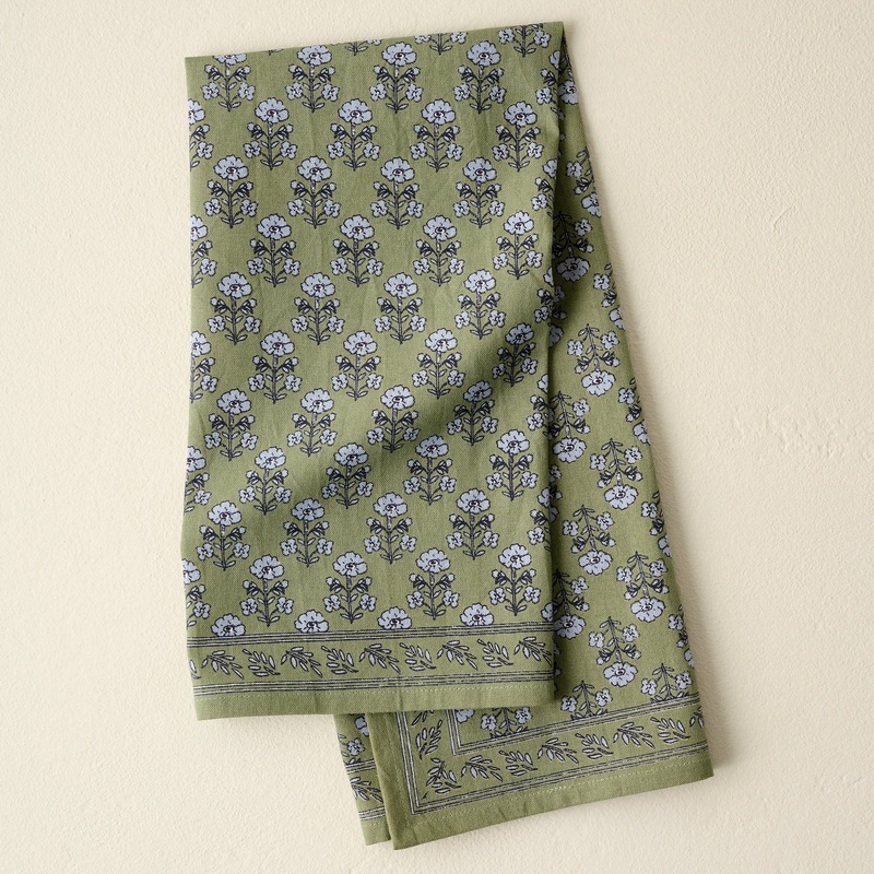 Green Block Print Tea Towel