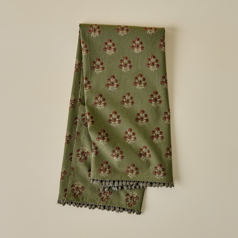 Olive Green Block Printed Tea Towel