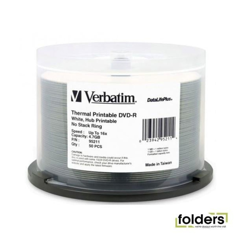Verbatim DVD-R 4.7GB 16x White Wide Thermal Printable - 50Pk