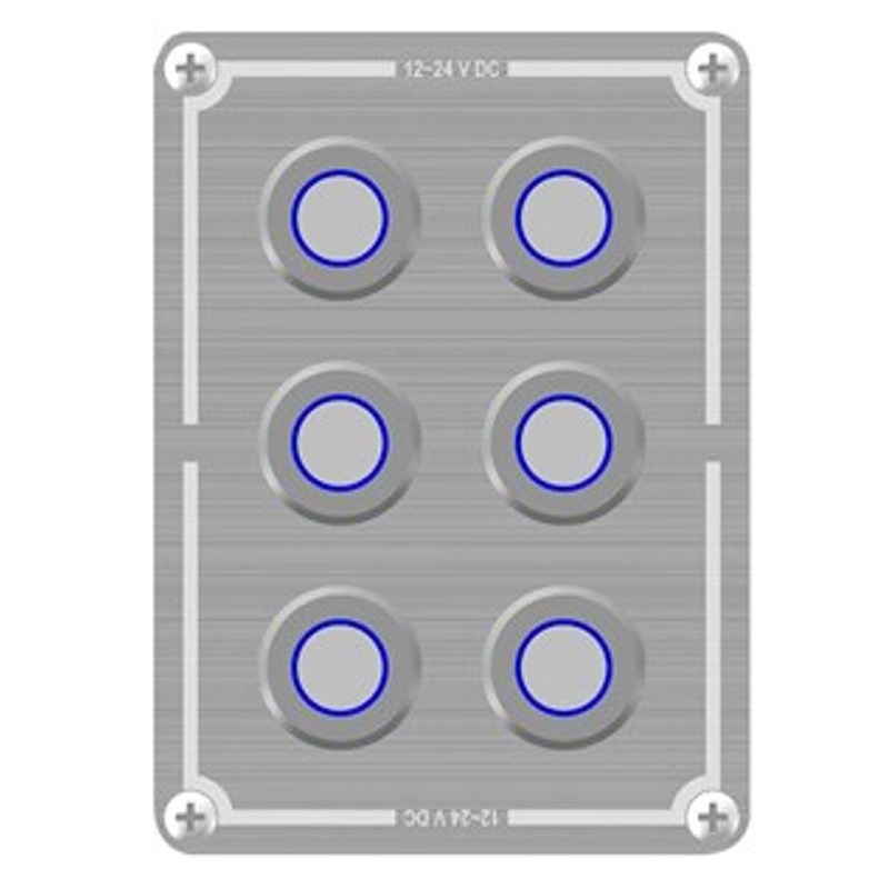 6 Way Stainless Steel Switch Panel With Blue Illuminated Switches And Marine Label