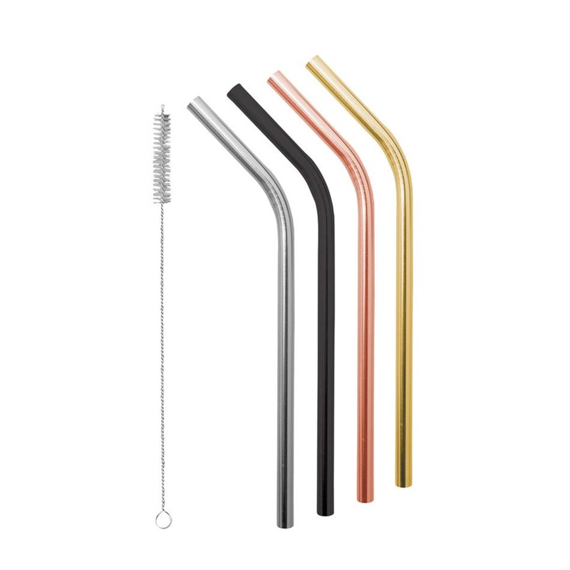 Smoothie Stainless Steel Straws With Cleaning Brush - Precious Metals - Set Of 4
