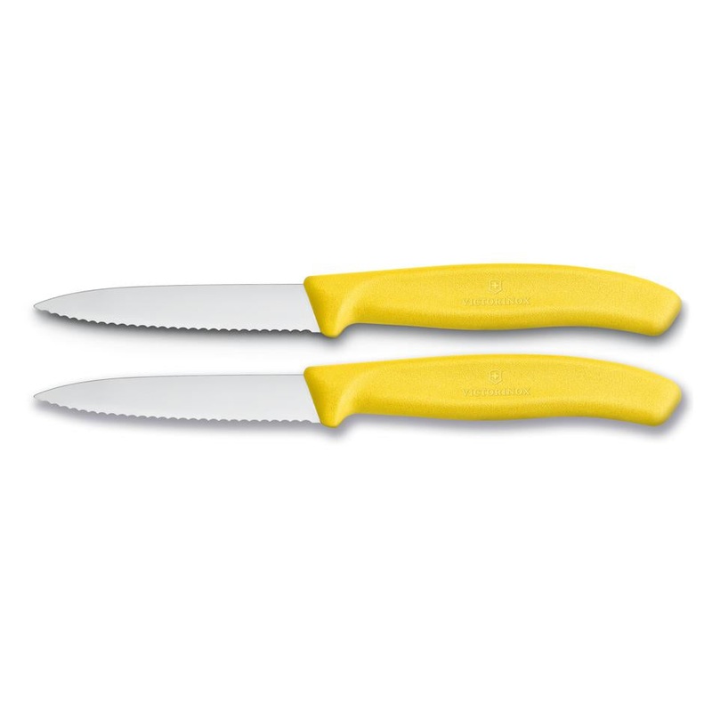 Victorinox Paring Knife, 8 Cm Pointed Tip, Wavy Edge, 2 Pc Set, Classic Yellow