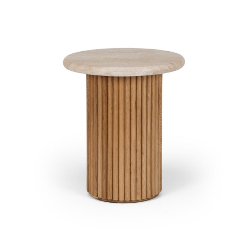 Rho Travertine Top Side Table 50rd (Natural Oak Base) BRMOONLAM12OT