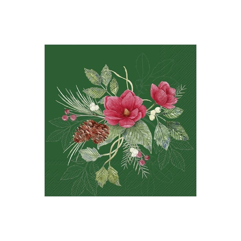 Christmas Flowers Green Paper Napkins - Cocktail