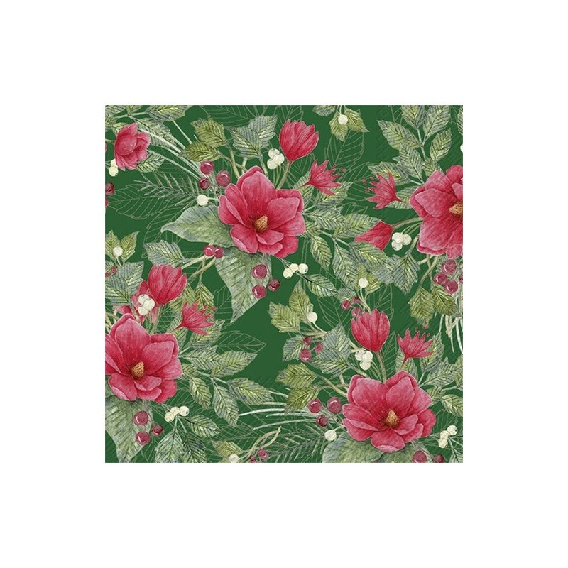 Christmas Flowers Green Paper Napkins - Lunch