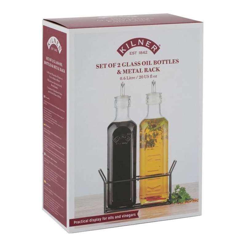 Kilner Set Of 2 Oil Bottles & Metal Rack 0.6 Litre