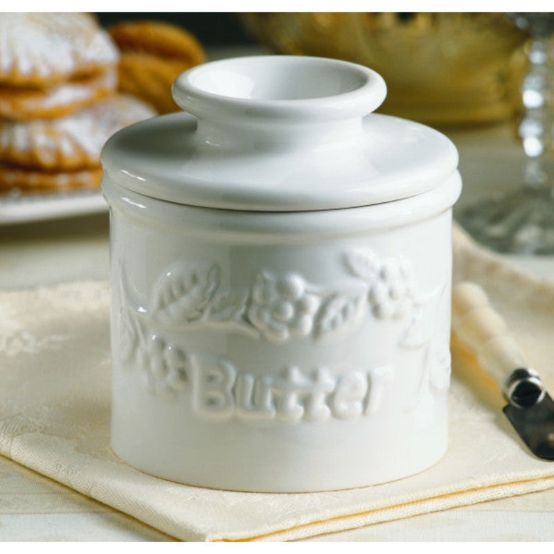 White Raised Floral Butter Bell Crock