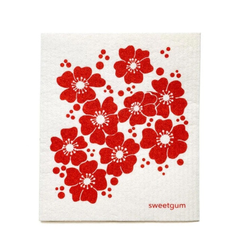 Red Flowers Swedish Dishcloth