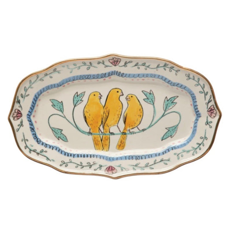Ceramic Platter w/ Birds & Gold Rim