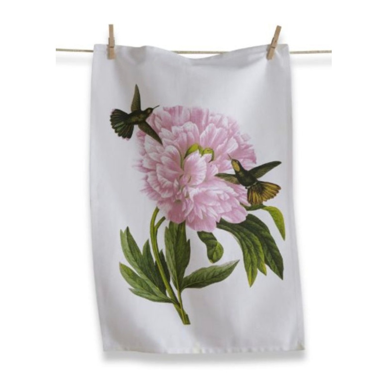 Pink Hummingbird Flower Dishtowel