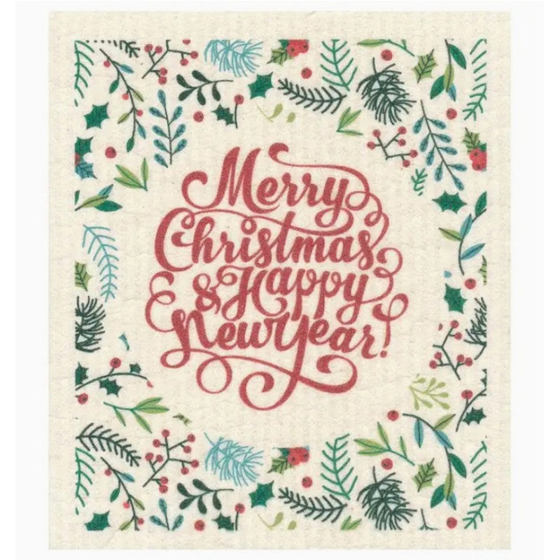 Merry Christmas Happy New Year Swedish Dishcloth