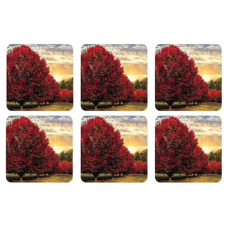 Cork Coasters Set, Crimson Trees