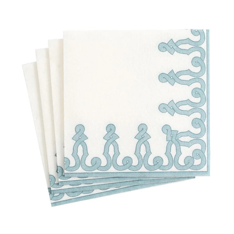 Caspari Dessin Passementerie Paper Linen Cocktail Napkins in Stone Blue - 15 Per Package