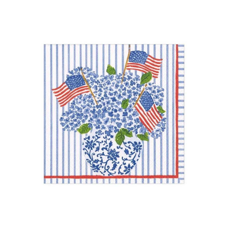 Caspari Flags and Hydrangeas Paper Cocktail Napkins - 20 Per Package