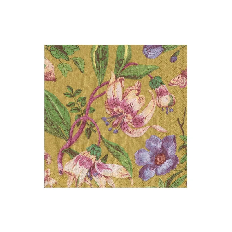 Caspari Porcelain Blooms Gold Cocktail Napkins - 20 Per Package