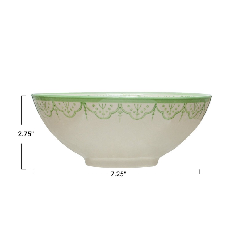 Hand-Painted Stoneware Bowl w/ Flower Pattern, White & Green