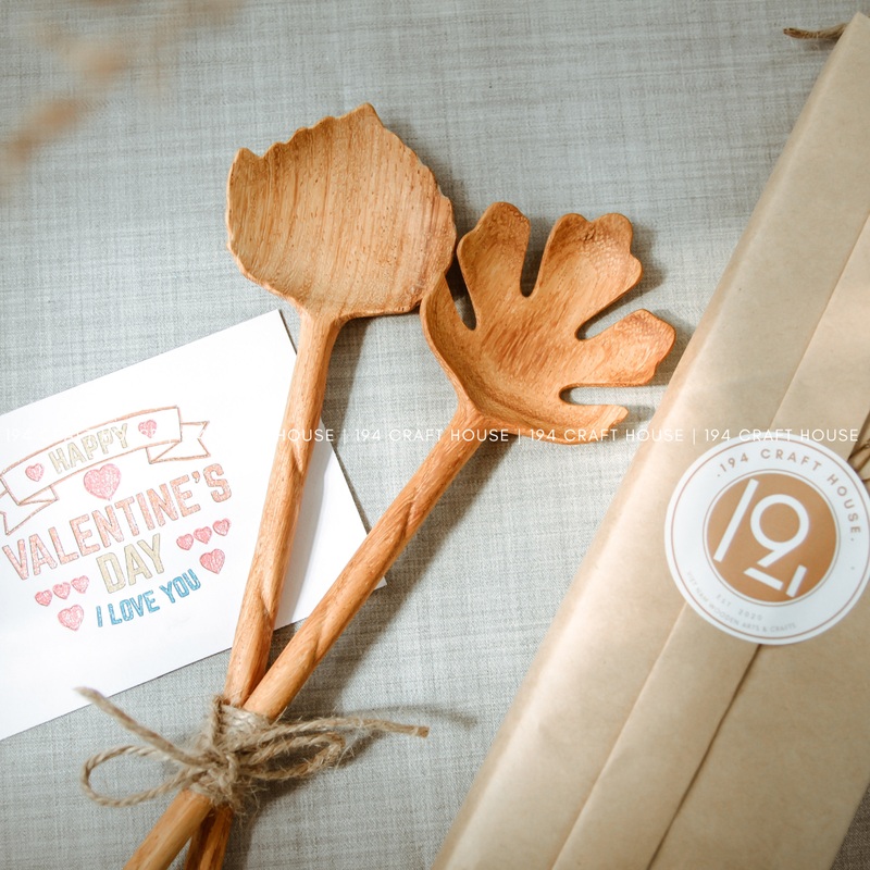 Leaf Shaped Wooden Salad Servers - 10" -