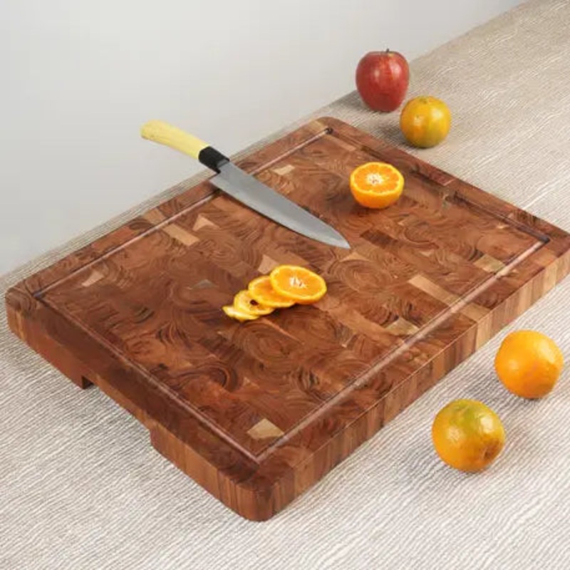 Acacia Wood End-Grain Rectangular Butcher Block with Juice Groove
