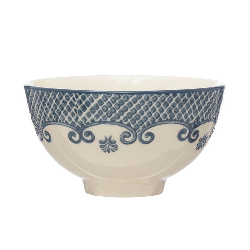 Hand-Stamped Stoneware Bowl w/ Pattern, Blue