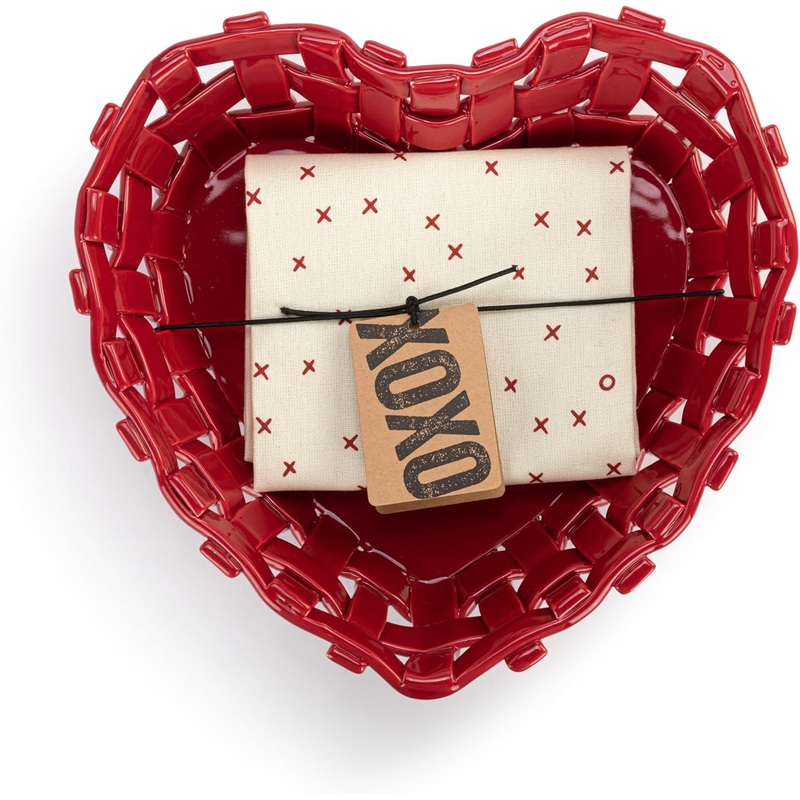 Red Ceramic Heart Bread Basket with Towel