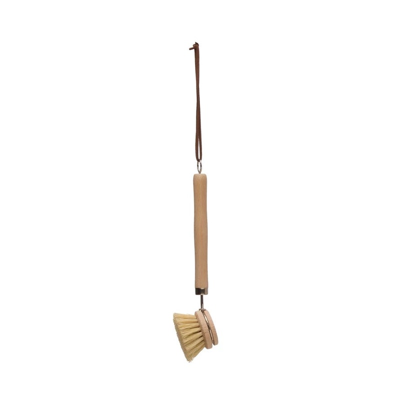 Beechwood Dish Brush w Leather Strap & Metal