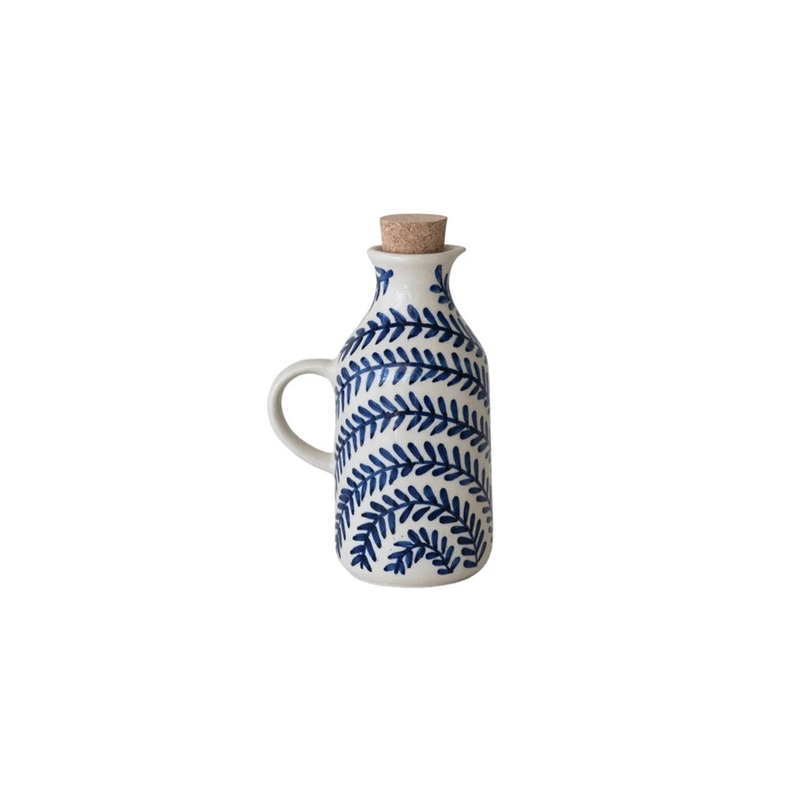 Blue & White Oil Cruet w Cork Stopper 8 oz
