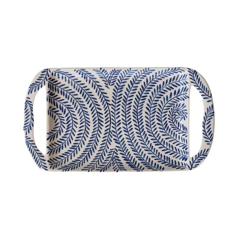 Blue & White Stoneware Tray Botanical Pattern & Handles