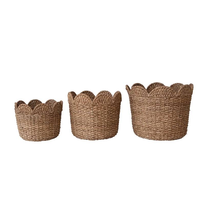 Braided Bankuan & Rattan Baskets Scalloped Edge, Set of 3