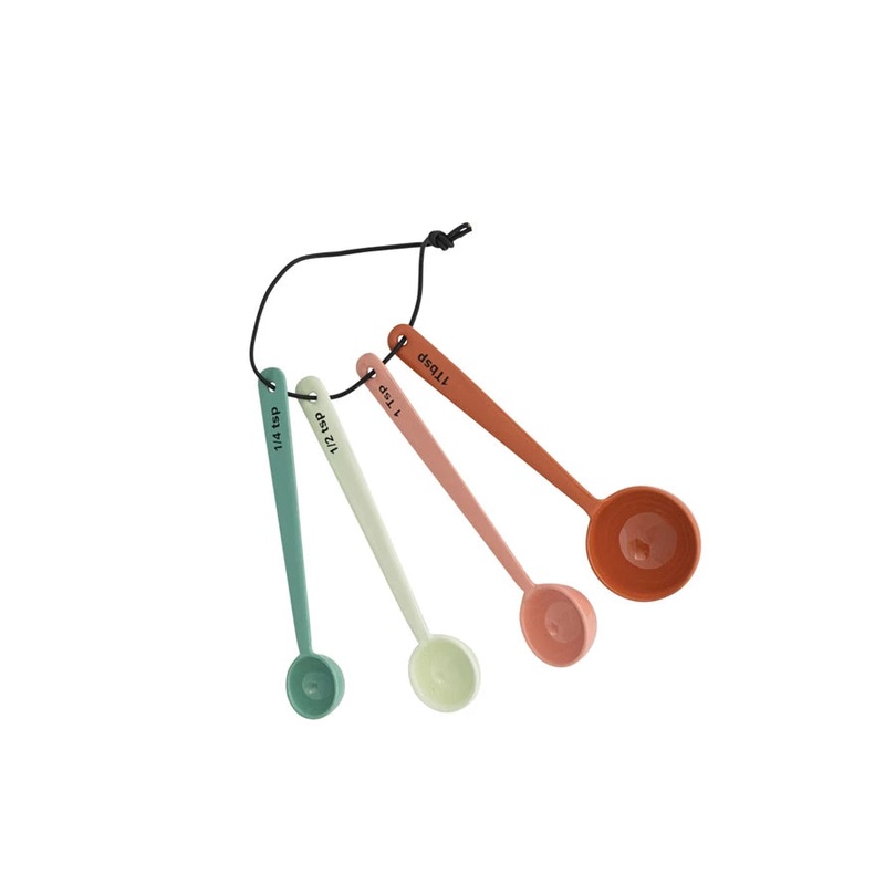 Enameled Measuring Spoons w Leather Tie 4 Colors, Set of 4