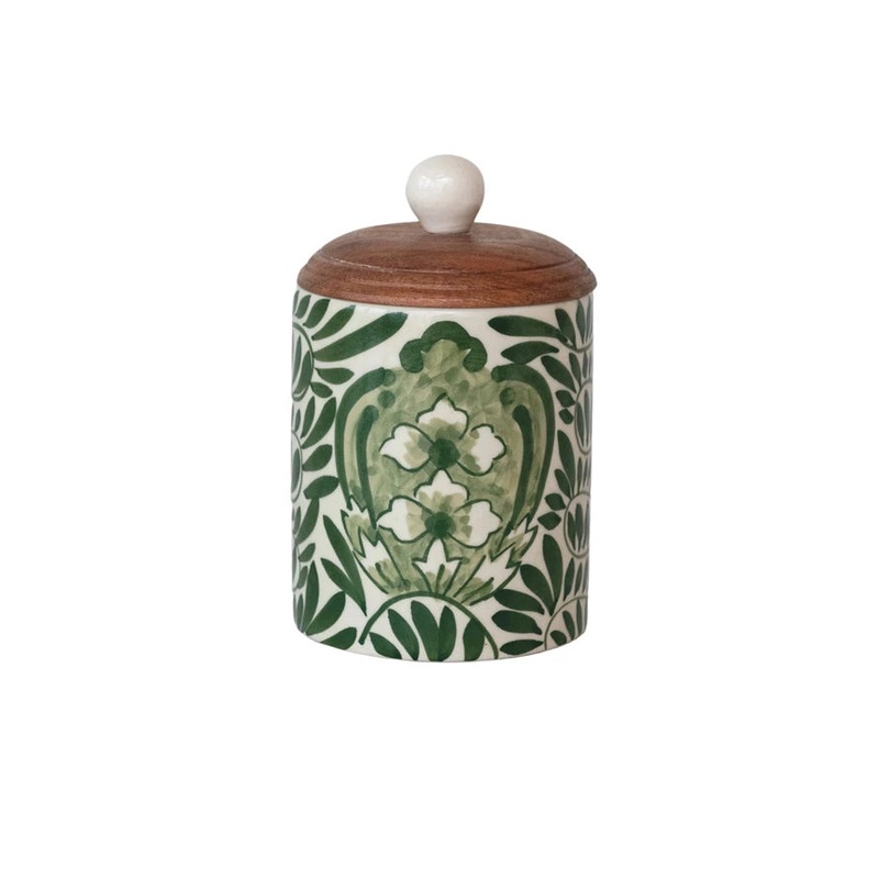 Hand-Painted Stoneware Canister Green w Acacia Lid