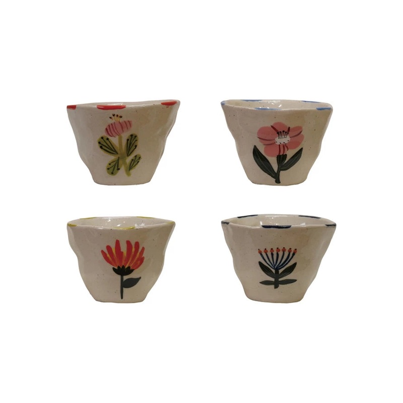 Hand-Painted Stoneware Cup/Bowl w Flower, 6 oz, 4 Styles