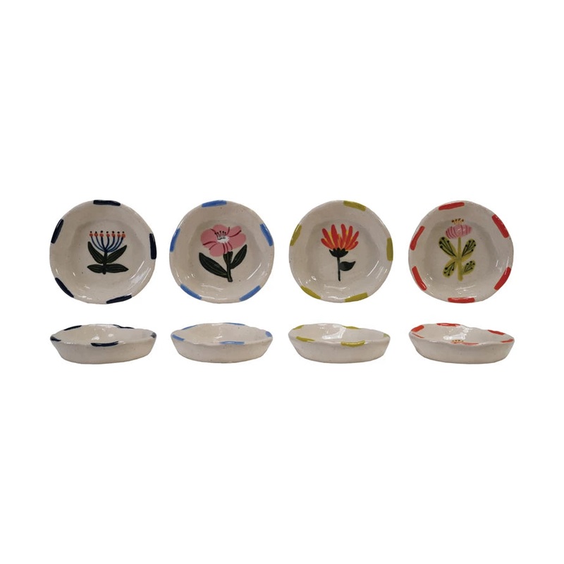 Hand-Painted Stoneware Dish w Flower, 4 Styles