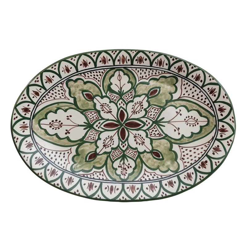 Hand-Painted Stoneware Platter Cream, Brown, & Green 16.5"L