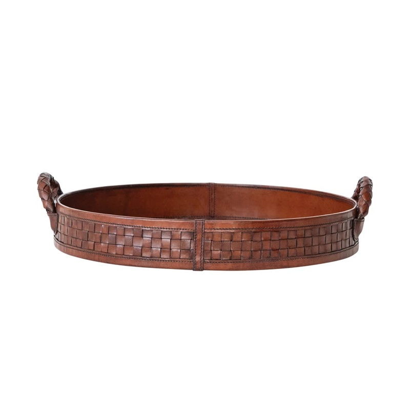 Round MDF & Woven Leather Tray w Braided Handles 16"