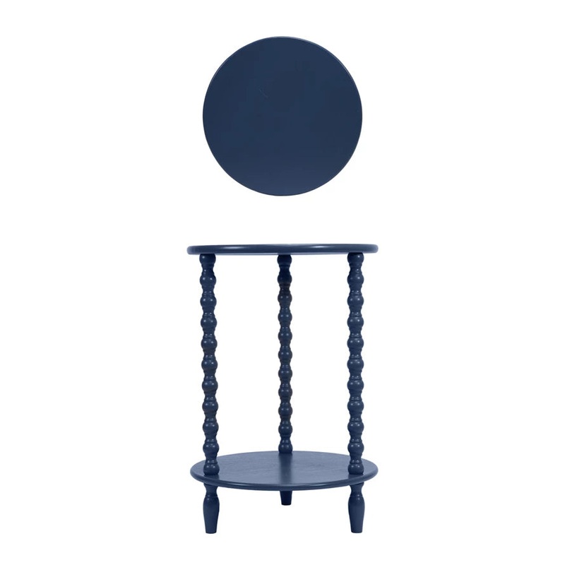 Round Wood Table w Shelf & Turned Legs, Blue, 26" H