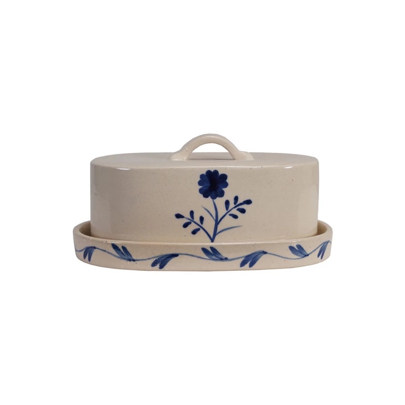 Stoneware Butter Dish with Flower, Blue & White