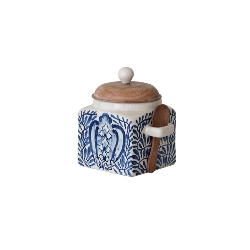 Stoneware Canister with Lid & Spoon Blue Floral
