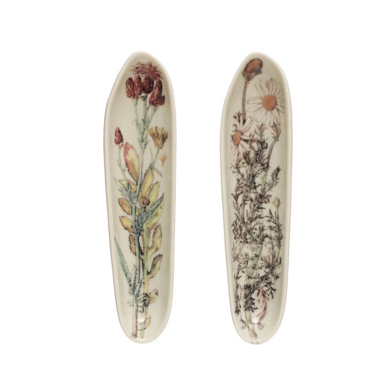Stoneware Platter w/ Florals, 2 Styles Organic Shape