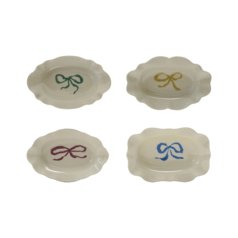 Stoneware Scalloped Dish with Bow, 4 Colors, 3" x 2"