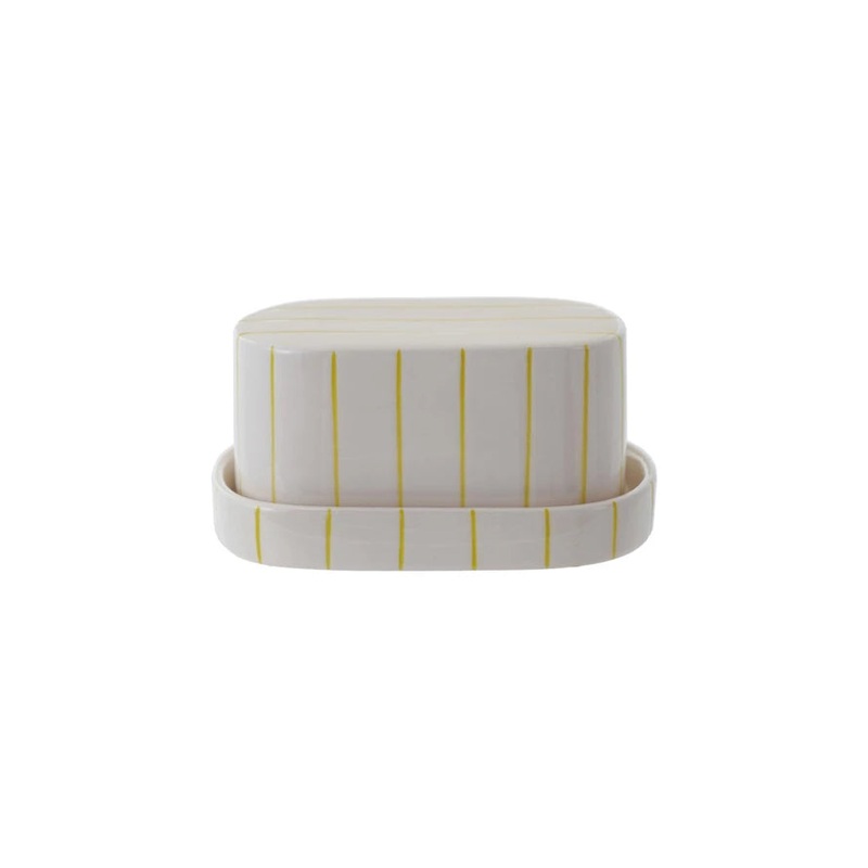 Stoneware Striped Butter Dish, White & Citron