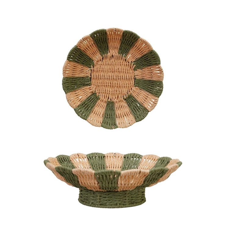 Woven Scalloped Footed Bowl w Green Stripes