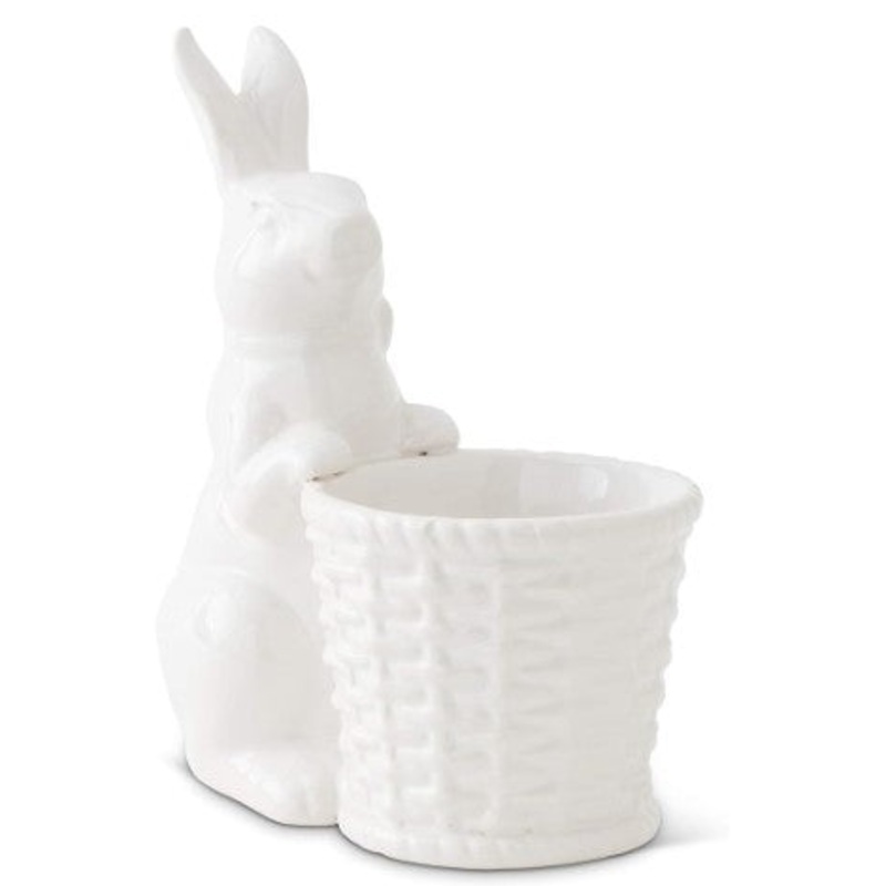 6" White Ceramic Bunny Holding Basket