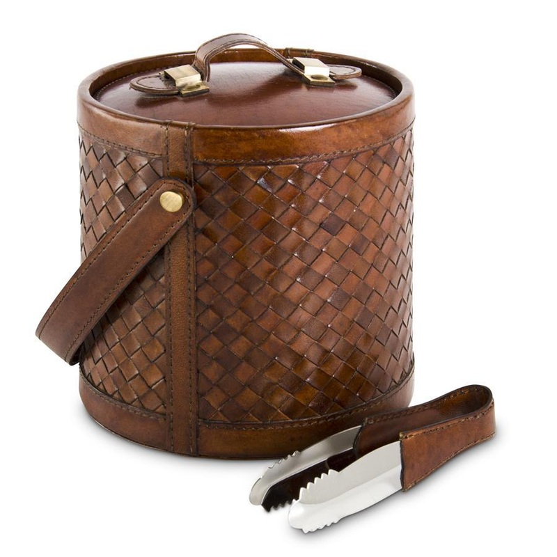 9" Tan Leather Basket Weave Ice Bucket w/Tongs