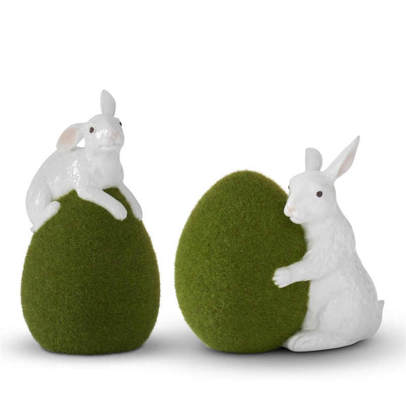 Assorted 7.25 Inch Moss Eggs w/Glossy White Rabbits