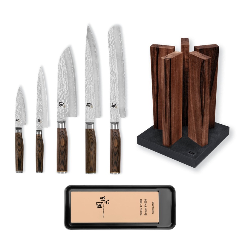 Kai Shun Premier 5 Knife, Whetstone and Block Set / Walnut Block