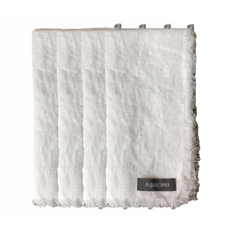 AquaVireo Fringed Linen Napkins / Pack of 4 / 47x47cm / White