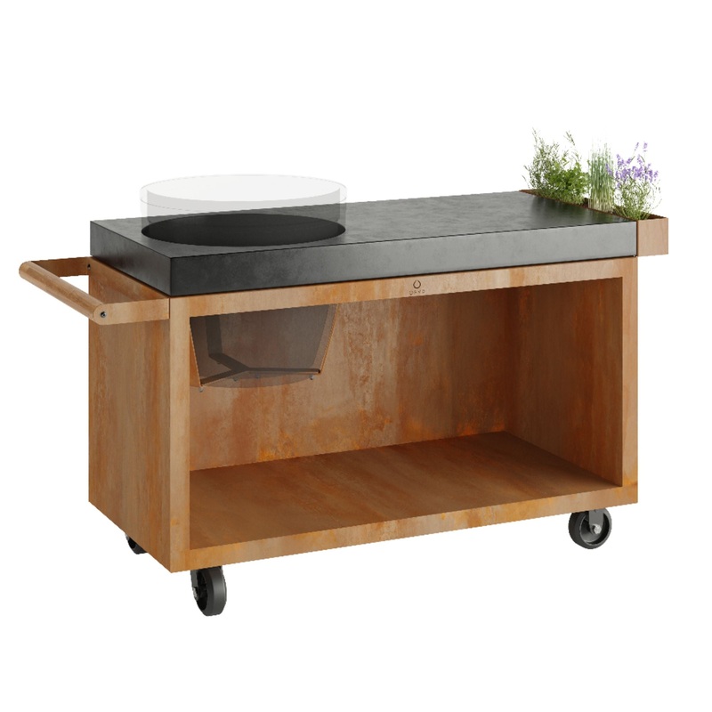 OFYR Corten Steel 135 PRO Kamado Table for Large BGE w/ Concrete Worktop